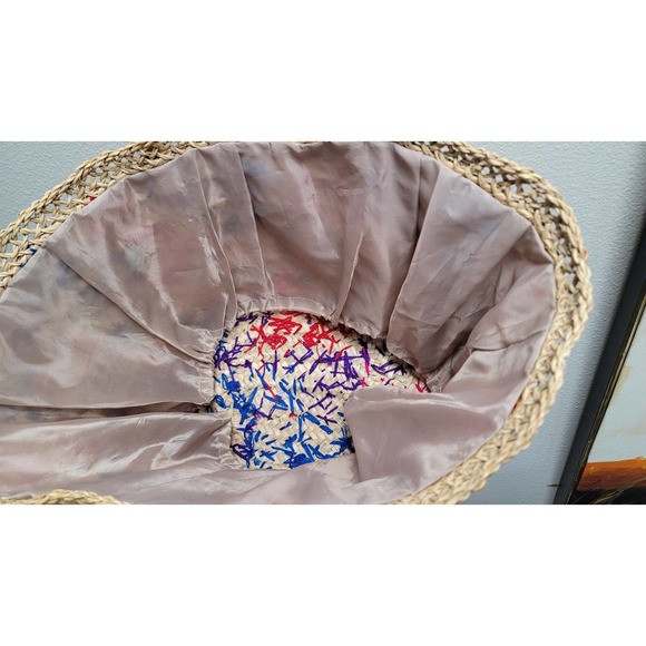 Vtg Straw Hand Woven Large Tote Bag Embroidered - Picture 4 of 4